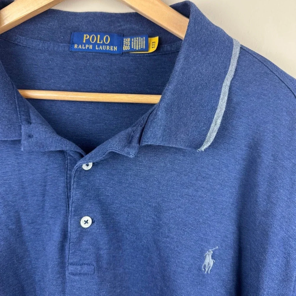 Polo Ralph Lauren Mens 2XB Blue Long Sleeve Polo Shirt‎ Heathered Grey Trim Pony